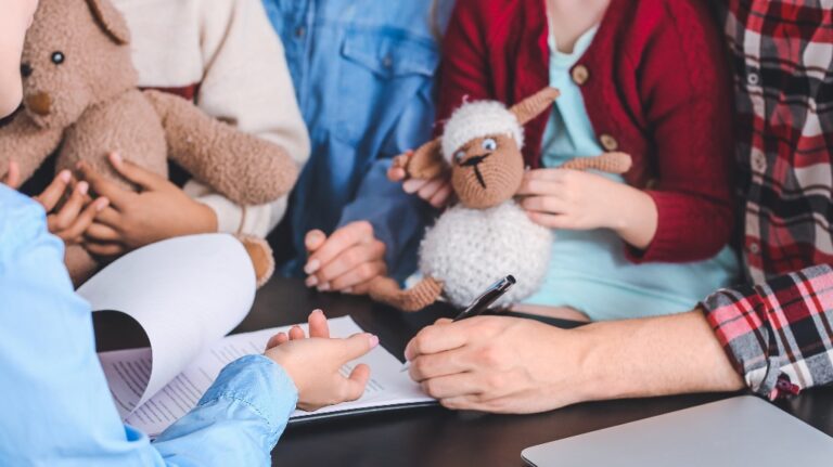 divorced couple with children is consulting with lawyer